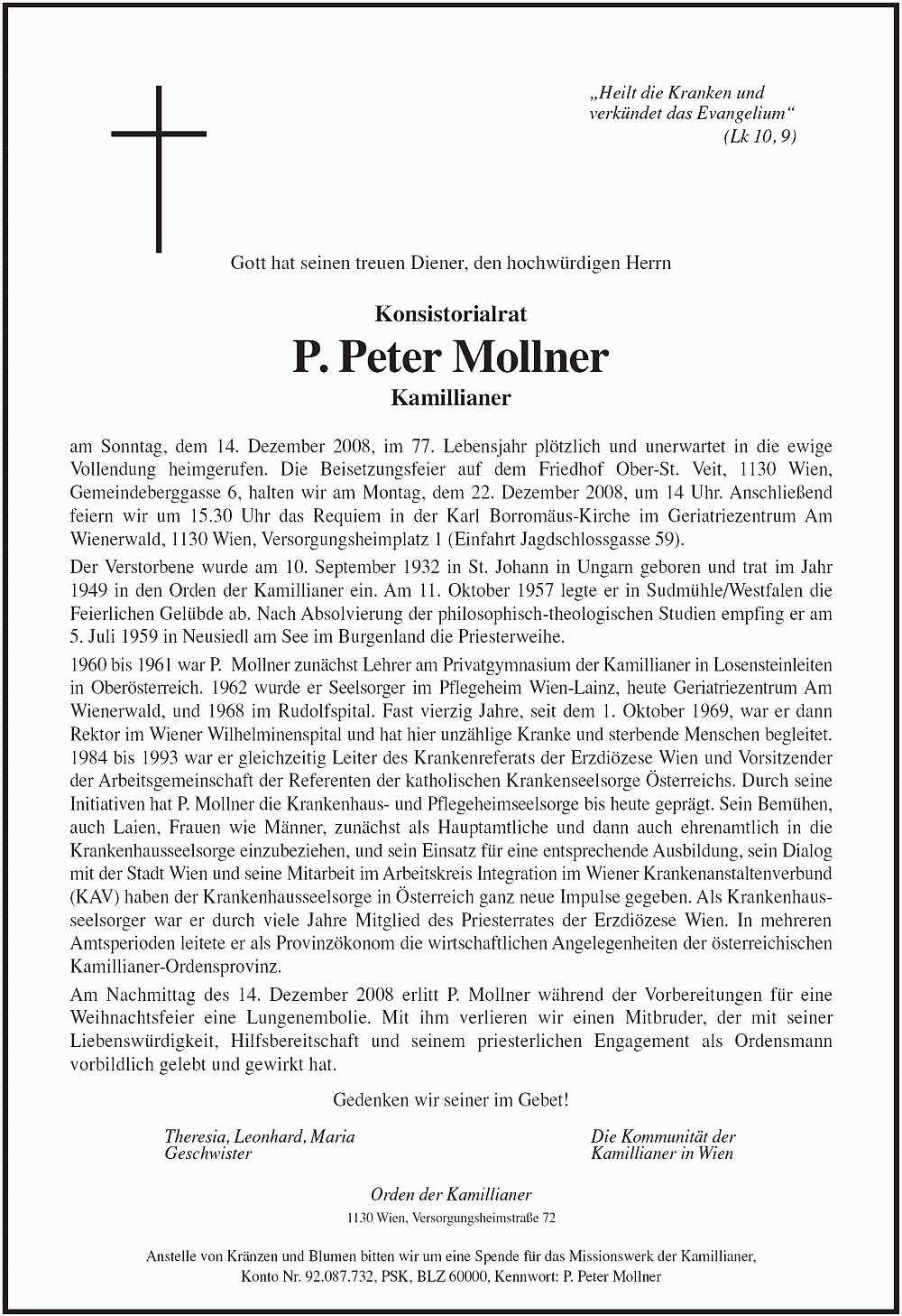 (Todesanzeige) Parte für Pater Peter Mollner
